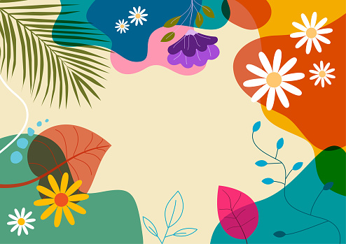Spring flowers, daisies and tropical leaves. Abstract natural line arts. Organic shape. Design background for social media post, cover, print and wallpaper