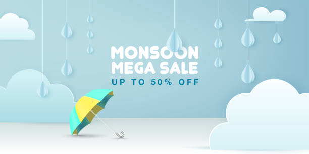 illustrations, cliparts, dessins animés et icônes de modèle de bannière de vente de mousson minimale moderne. - monsoon