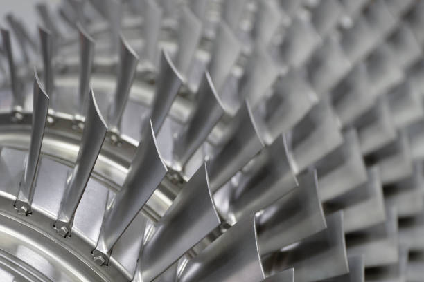 Turbine of a passenger aircraft with blades, close-up.
