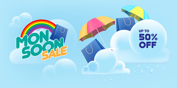 monsoon mega sale banner template. shopping bas under umbrella in clouds