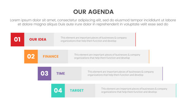 agenda infographic concept for slide presentation with 4 point list and long box vertical shape direction agenda infographic concept for slide presentation with 4 point list and long box vertical shape direction vector waterfall infographic stock illustrations