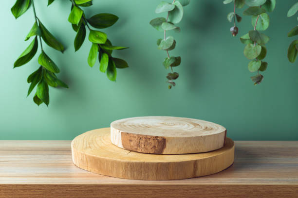 istock Empty wooden podium log on table with eucalyptus leaves over green background. Cosmetic and spa mock up for design and product display 1493789333