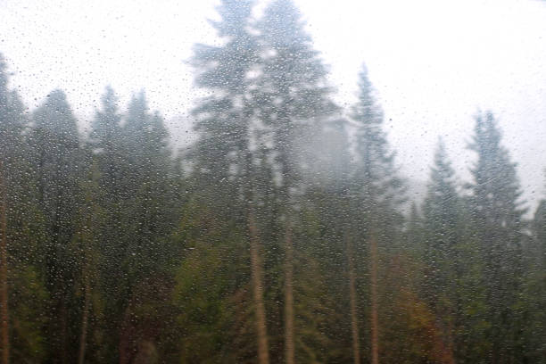 Raindrops on the glass of the cable car, selective focus