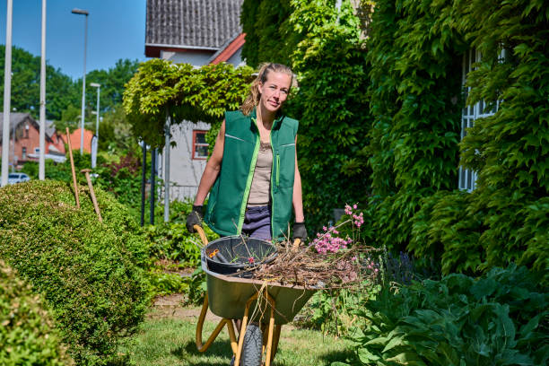 Female farmer with Down syndrome pushing wheelbarrow in garden