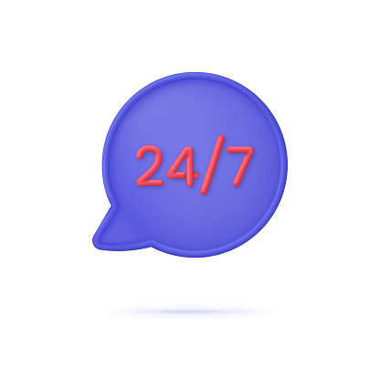 3D 24,7 on Speech Bubble. 24,7 service concept. 24 hours phone support illustration. Hotline customer service concept. Call center. Trendy and modern vector in 3d style.