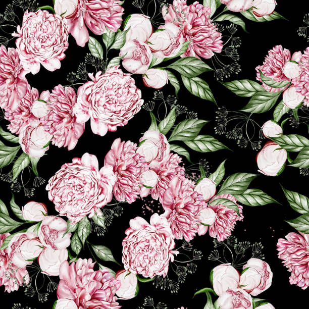 istock Watercolor seamless pattern with 
peony flowers and  green leaves. 1493796486
