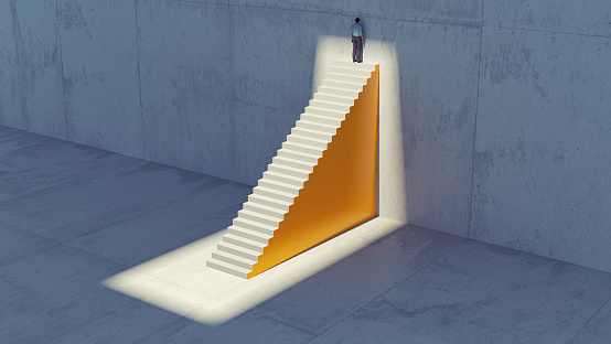 Man on top of stairs in front of a wall . Failure and escape concept . This is a 3d render illustration.