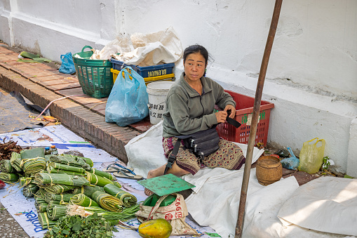 Morning market, Luang Prabang, Laos - March 17th 2023: Female greengrocer waiting for customers for her banana leaves in her shop on the ground at the famous morning food market in Luang Prabang which used to be the capital on Laos