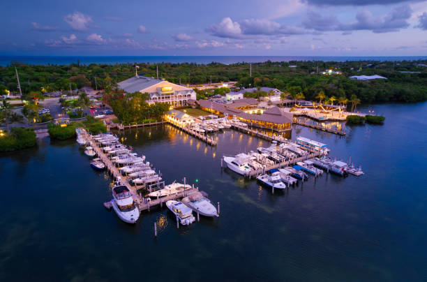 IslaMorada, Florida keys marina at dusk - drone view