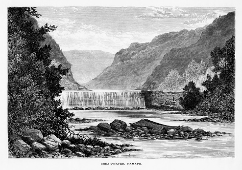 Breakwater on the Ramapo River in the Appalachian Mountains, New Jersey, USA. Pencil and Pen drawing engraving published 1872. This edition edited by William Cullen Bryant is in my private collection. Copyright is in public domain.