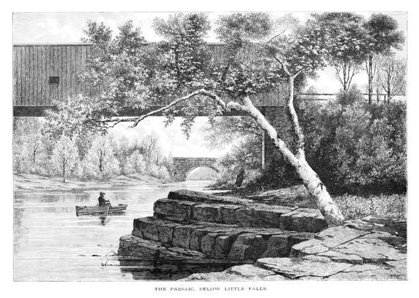 passaic river below little falls, new jersey, stany zjednoczone, geografia amerykańska - number of people people in the background flowing water recreational boat stock illustrations