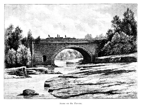 A bridge being build across the Passaic River, New Jersey, USA. Pencil and Pen drawing engraving published 1872. This edition edited by William Cullen Bryant is in my private collection. Copyright is in public domain.