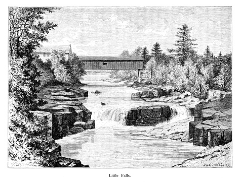 Little waterfall on the Ramapo River in the Appalachian Mountains, New Jersey, USA. Pencil and Pen drawing engraving published 1872. This edition edited by William Cullen Bryant is in my private collection. Copyright is in public domain.