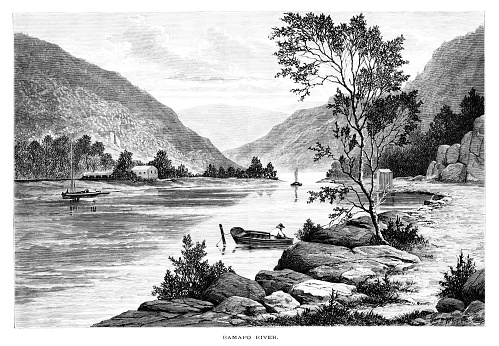 Boating on the Ramapo River in the Appalachian Mountains, New Jersey, USA. Pencil and Pen drawing engraving published 1872. This edition edited by William Cullen Bryant is in my private collection. Copyright is in public domain.