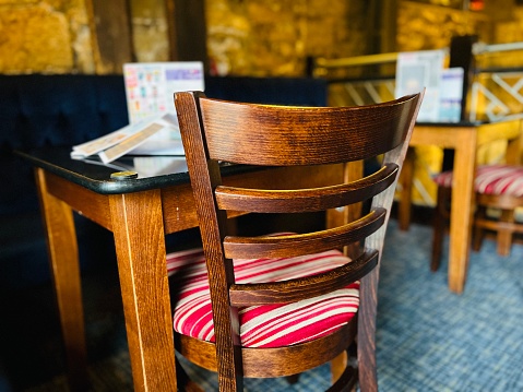 Empty restaurant tables and chairs