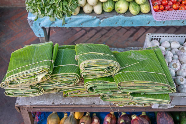 Banana leaves for sale at the morning food market in Luang Prabang which used to be the capital on Laos