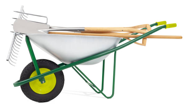 istock Wheelbarrow with rake, spade and fork, isolated on white background with clipping path. Gardening equipment tool for vegetable garden work, farming or planting. Springtime, banner for online shopping 1493799770