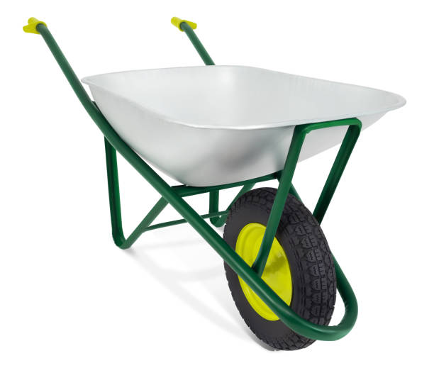 istock Wheelbarrow isolated on white background with clipping path. Gardening equipment tool for vegetable garden work or lawn and plant care. Spring concept, advertising banner for online shopping commerce 1493799924
