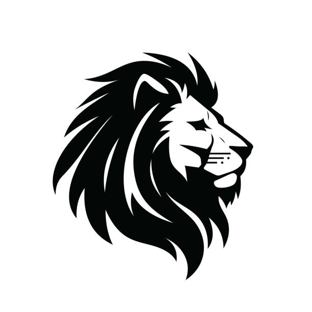 ilustrações de stock, clip art, desenhos animados e ícones de lion head - vector icon sign template creative illustration. animal wild cat face graphic sign. side view in profile. pride, strong, power concept symbol. black and white colors. design element. - lion