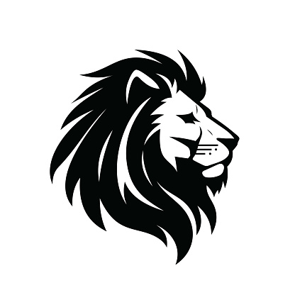 Lion head - vector icon sign template creative illustration. Animal wild cat face graphic sign. Side view in profile. Pride, strong, power concept symbol. Black and white colors. Design element.