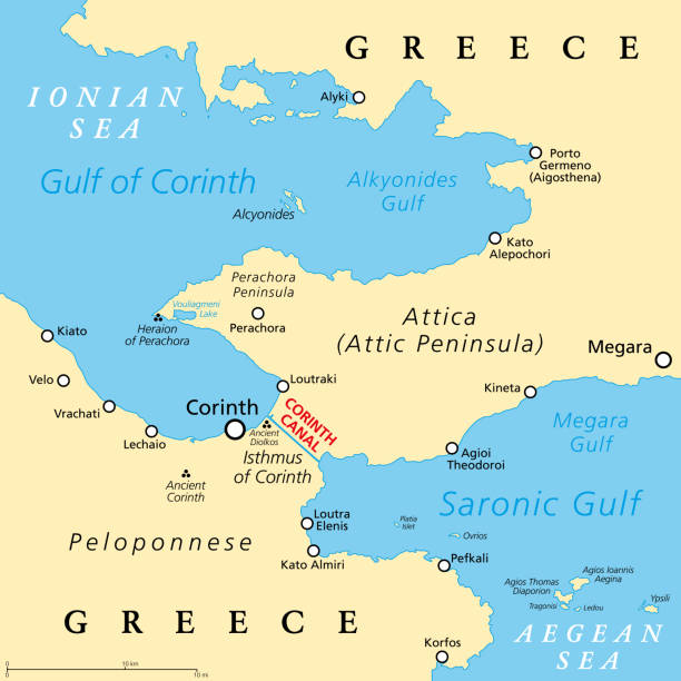 ilustrações de stock, clip art, desenhos animados e ícones de corinth canal, artificial waterway in greece, political map - gulf of corinth