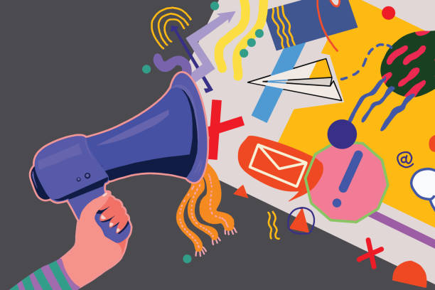 Megaphone in abstract style. Megaphone speaker or loudspeaker bullhorn for announce promotion with abstract elements. youth culture stock illustrations