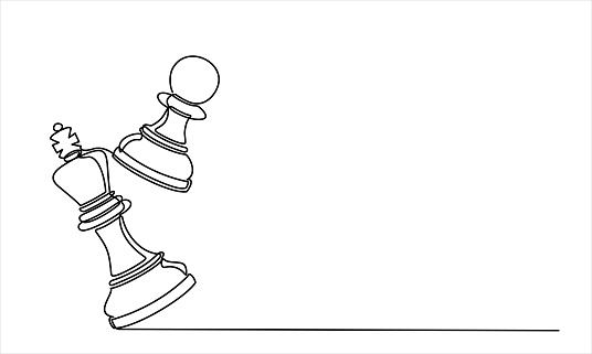 continuous line drawing of a pawn bearing down a queen on board tournament vector illustration.