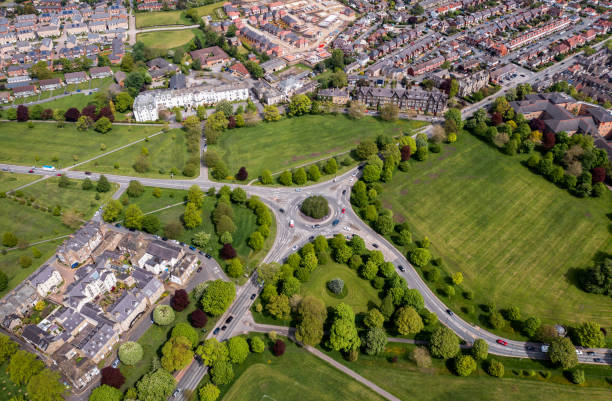 istock Aerial view directly above a countryside ltraffic roundabout in Harrogate 1493811808