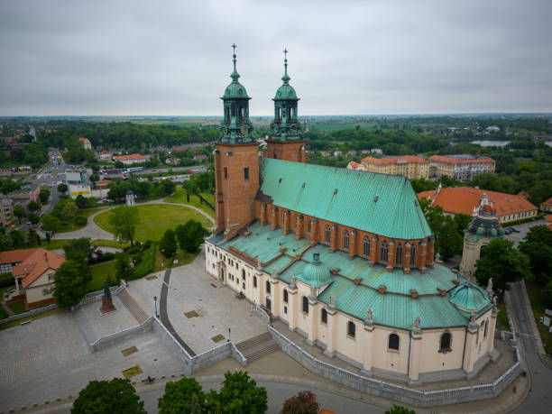 Gniezno, a city in Lesser Poland Voivodeship. Market square in the city center and architecture in the city of the former capital of Poland - Gniezno. stock photo