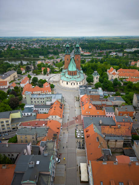 Gniezno, a city in Lesser Poland Voivodeship. Market square in the city center and architecture in the city of the former capital of Poland - Gniezno. stock photo