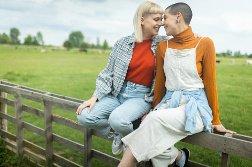 Gay loving couple sitting on the fence in the yard, kissing and hugging each other