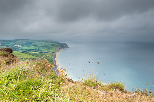 View to Seatown beach and Bridport beyond on the South West Coastal Path near Golden Cap, said to be the highest point on the south coast of England.