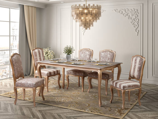 classic dining room , classic dining table 3D rendering classic dining room .classic interior chandelier earring stock pictures, royalty-free photos & images