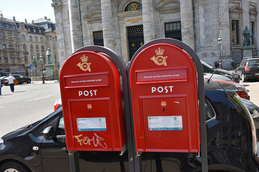 Public Mailboxes In Copenhagen Denmark Scandinavia Northern Europe, Building Exterior, Church, Land Vehicle, People Scene During Springtime