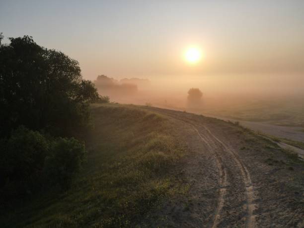 istock Top view misty dawn landscape river 1493823417