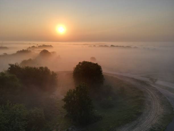 istock Top view misty dawn landscape river 1493823426