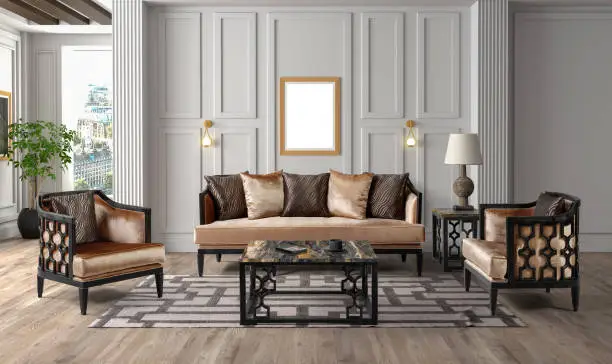 3D rendering of modern living room .modern furniture set.