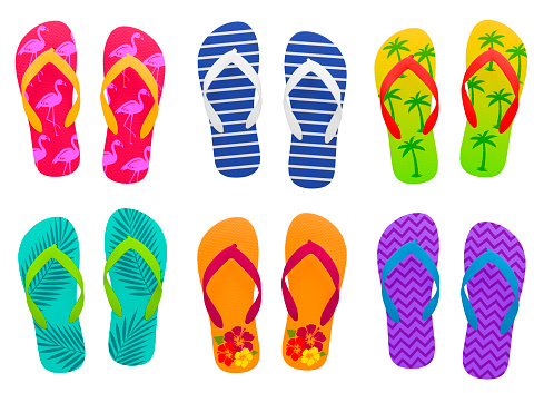 Colorful  flip-flops sandals collection with different designs isolated on pure white background