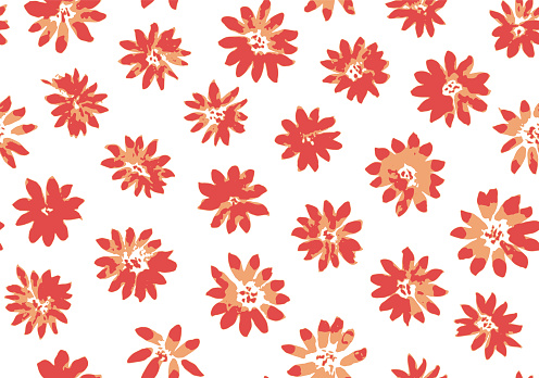 Cute seamless pattern with hand drawn red and orange daisy flowers. Sketch vector floral texture with abstract blossoms for textile, surface design, decoration, wallpaper