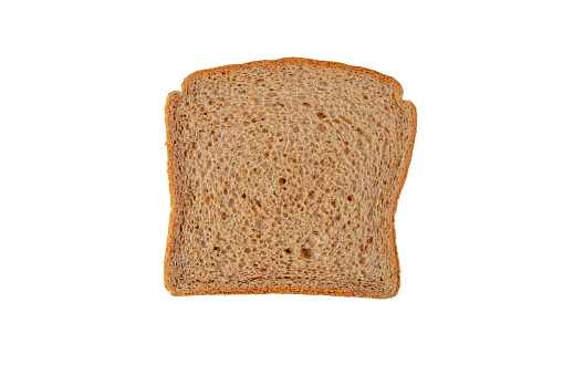Slice of whole grain bread rectangular loaf top view isolated on white. Porous bread pulp\nSandwich bread with porous pulp for making toasts.