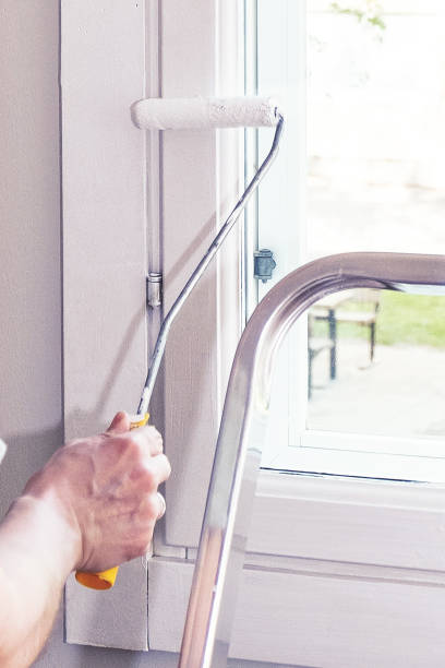 istock A woman's hand holds a paint roller and paint the window frame with white paint. 1493833479