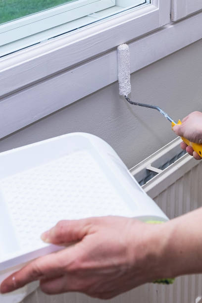 istock A woman's hand holds a paint roller and paint the window frame with white paint. 1493833481
