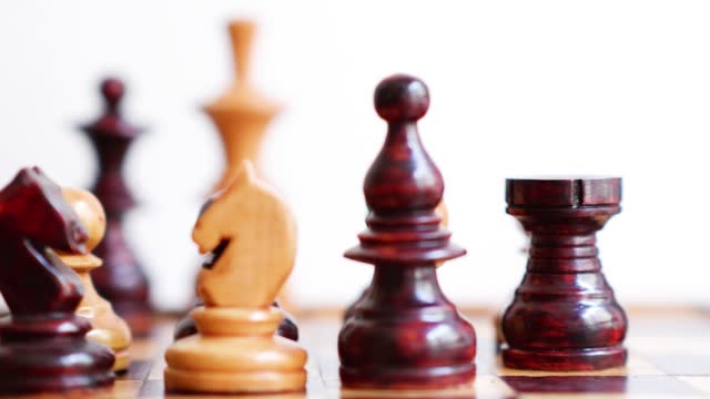 Horizontal video of different colored wooden chess pieces on the same team, panning from left to right