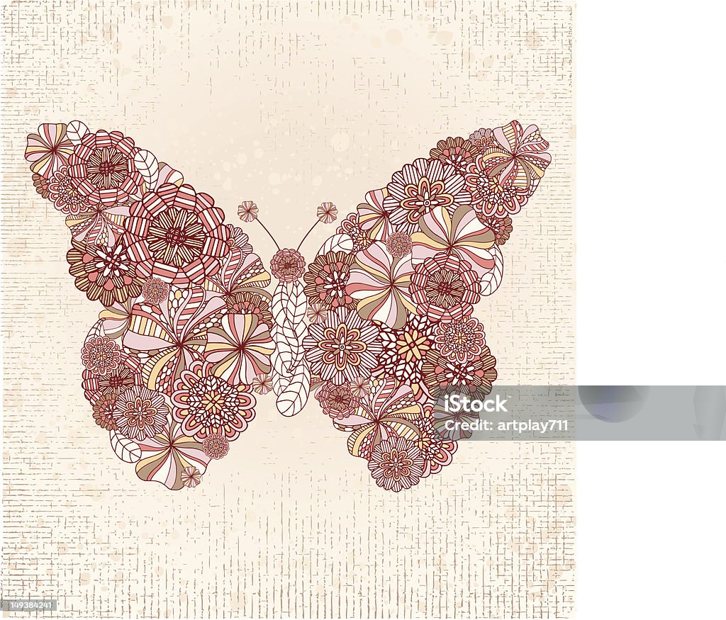 Vintage drawing of butterfly with floral accents Hand drawn flowers in retro colors create a butterfly shape on textured background.  Abstract stock vector