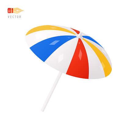 istock Beach Umbrella. Colorful white, blue and red striped Summer Parasol Sign. Object isolated on white background. Realistic cartoon 3d icon. Emoticon Design Clip Art. Emoji Icon. 3D Vector 1493844174