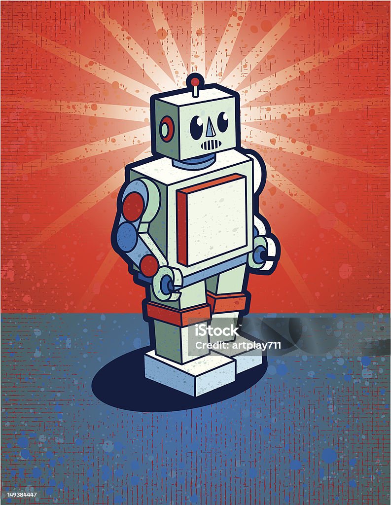 1950's Robot A vintage robot against a blue and red background. Highly textured illustration style. Robot stock vector