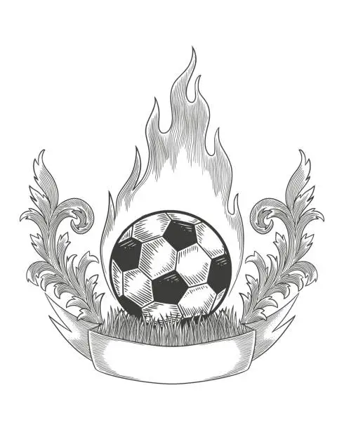 Vector illustration of soccer ball with flames and banner. Vintage Engraving drawing Illustration style