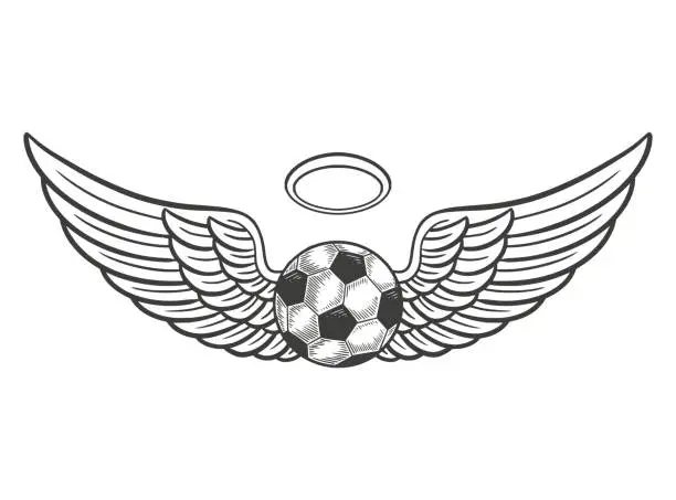 Vector illustration of soccer ball with angel wings. Vintage Engraving drawing style, vector Illustration