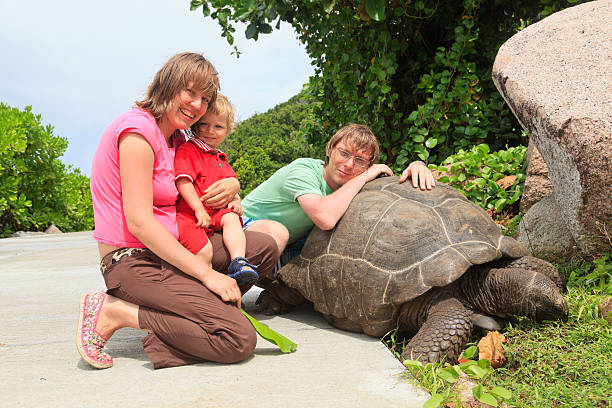 family with giant turtle