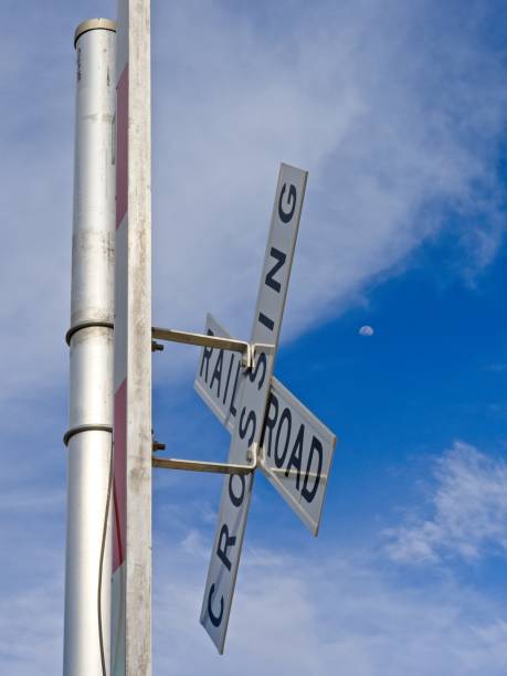 istock Railroad crossing sign against blue sky and moon 1493850528